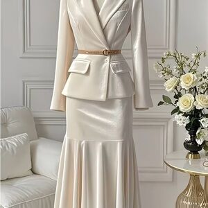 Elegant Cream Peplum Blazer and Skirt Set